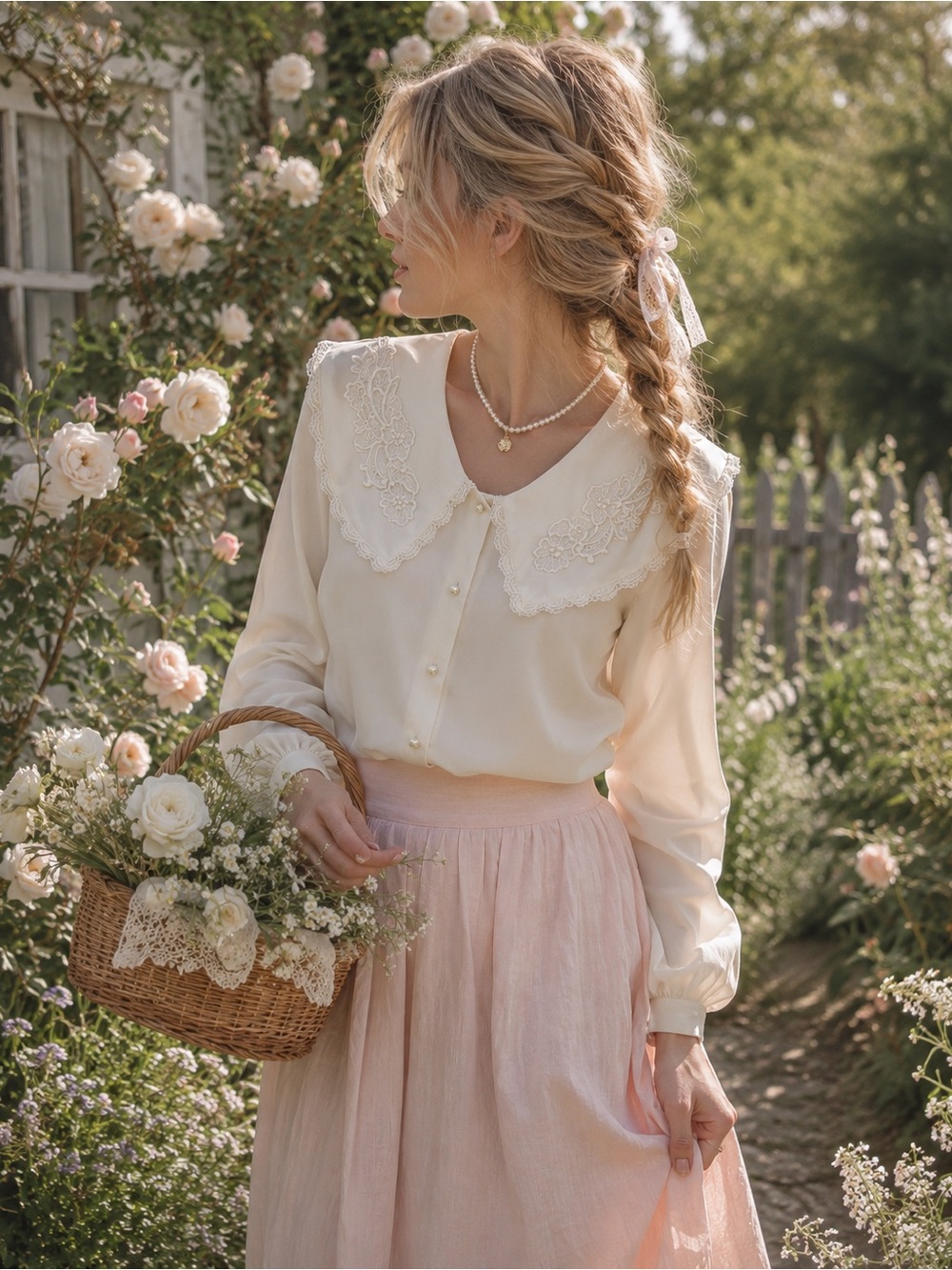 🫖✨Vintage Cream Lace Collar Blouse Size M - Picture 3 of 13